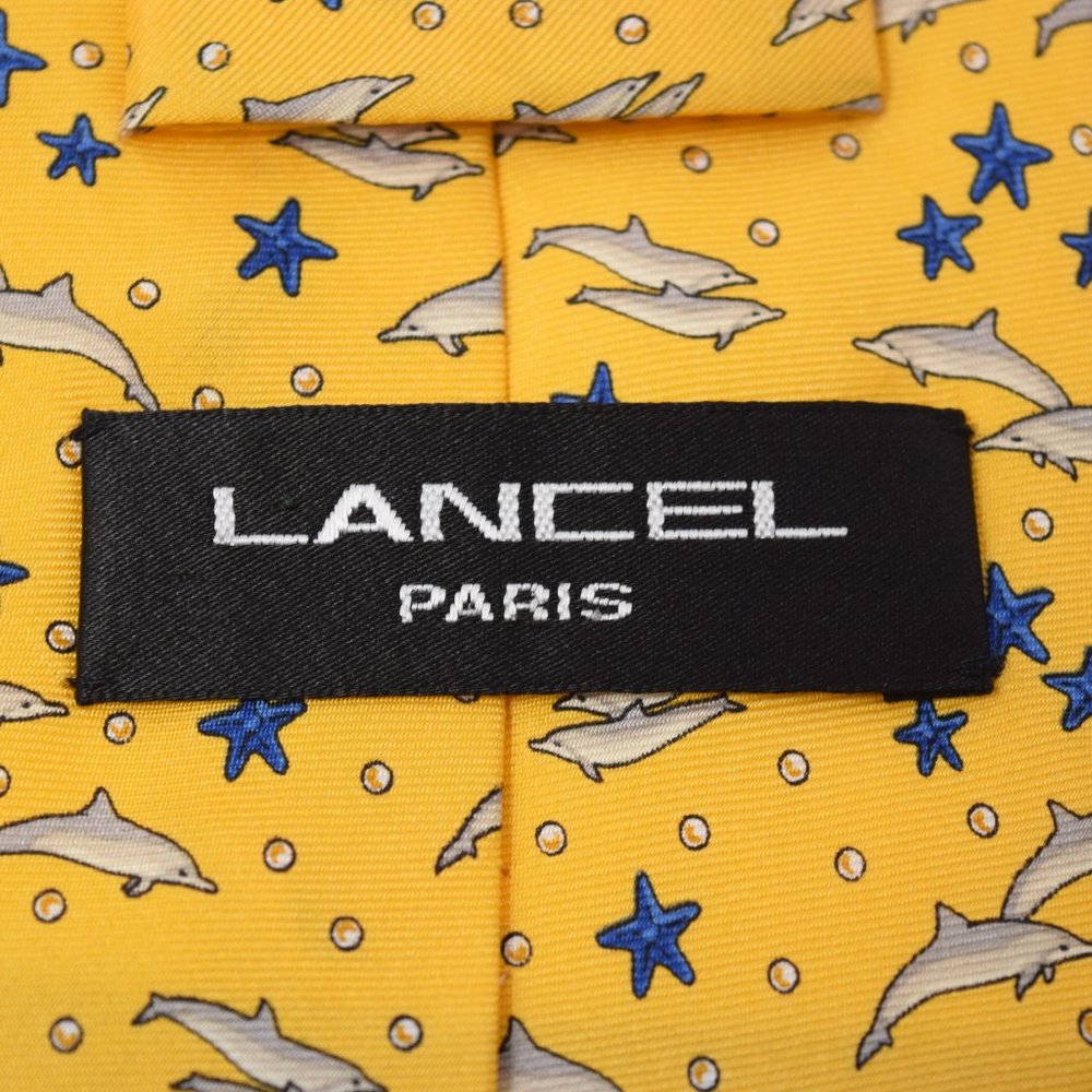Lancel Paris Necktie Dolphin Starfish Silk Yellow Whimsy Marine Mammal Ocean Fun - Picture 7 of 13
